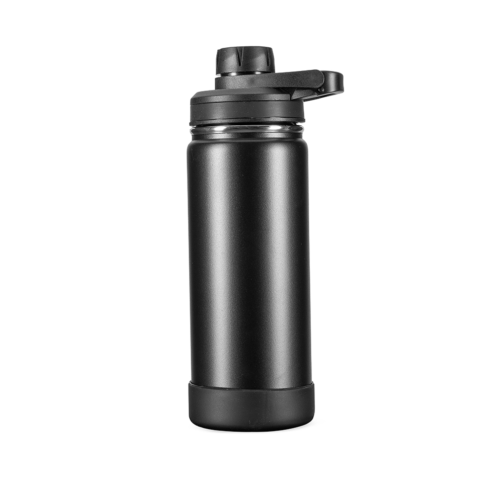 Garrafa térmica 550 ml de inox com protetor de bocal e base removível na cor Preto, personalizada com a logo da empresa