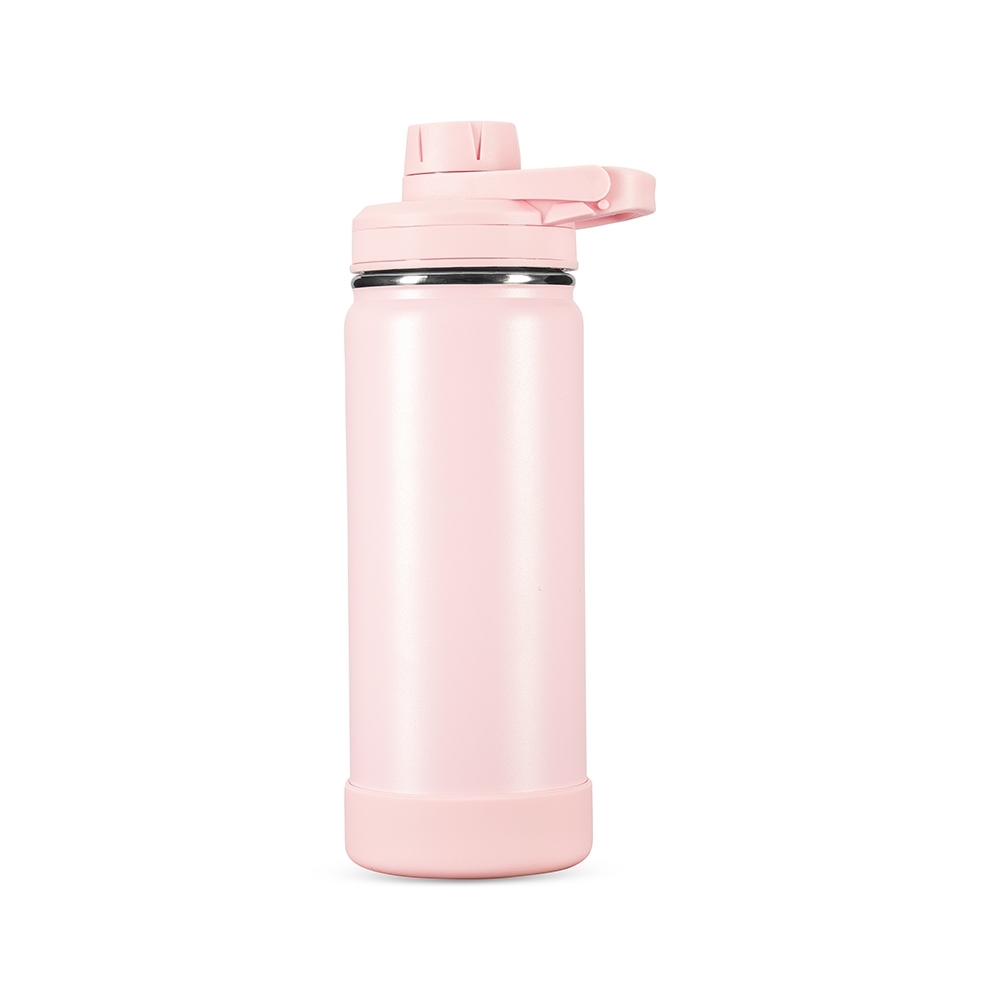 Garrafa térmica 550 ml de inox com protetor de bocal e base removível personalizada com a logo da empresa, na cor rosa