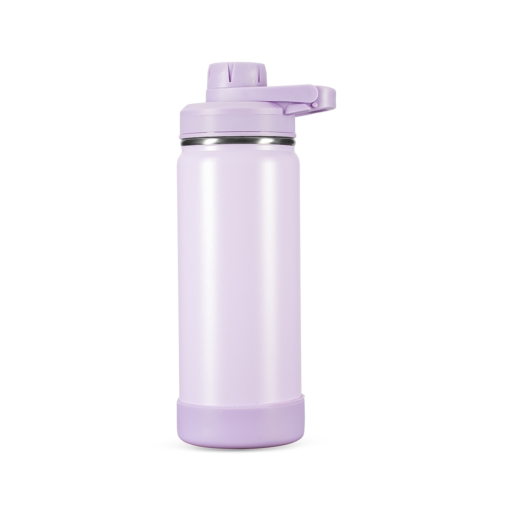 Garrafa térmica 550 ml de inox com protetor de bocal e base removível personalizada com a logo da empresa, na cor roxo