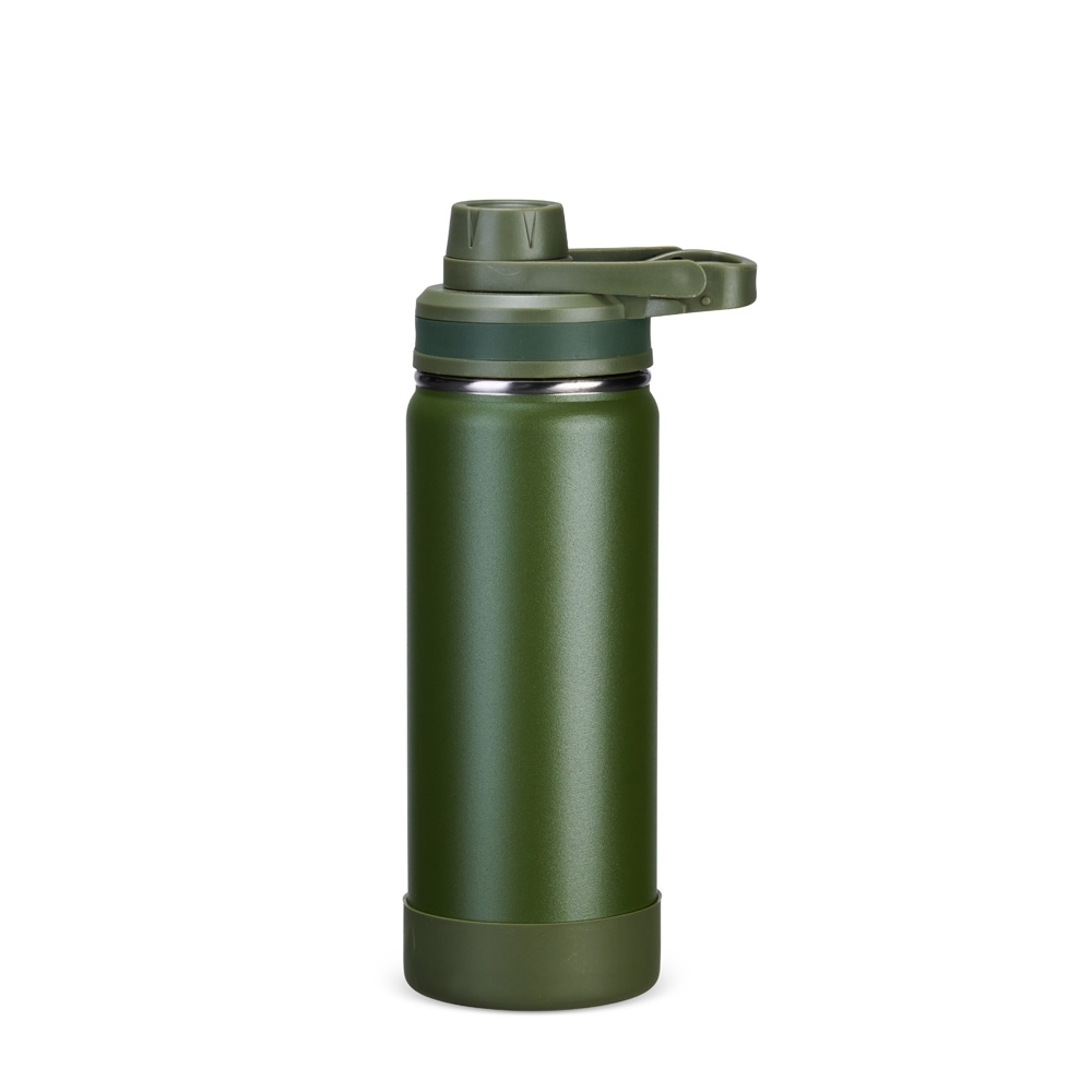 Garrafa térmica 550 ml de inox com protetor de bocal e base removível personalizada com a logo da empresa, na cor verde escuro