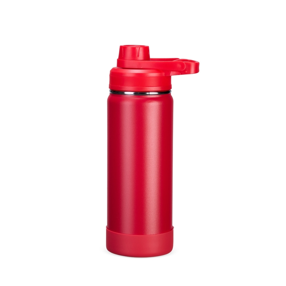 Garrafa térmica 550 ml de inox com protetor de bocal e base removível personalizada com a logo da empresa, na cor vermelho