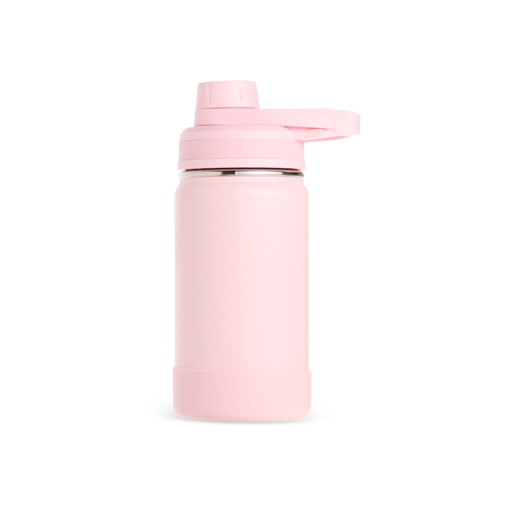 Garrafa térmica 350 ml de inox personalizada com a logo da empresa, na cor rosa