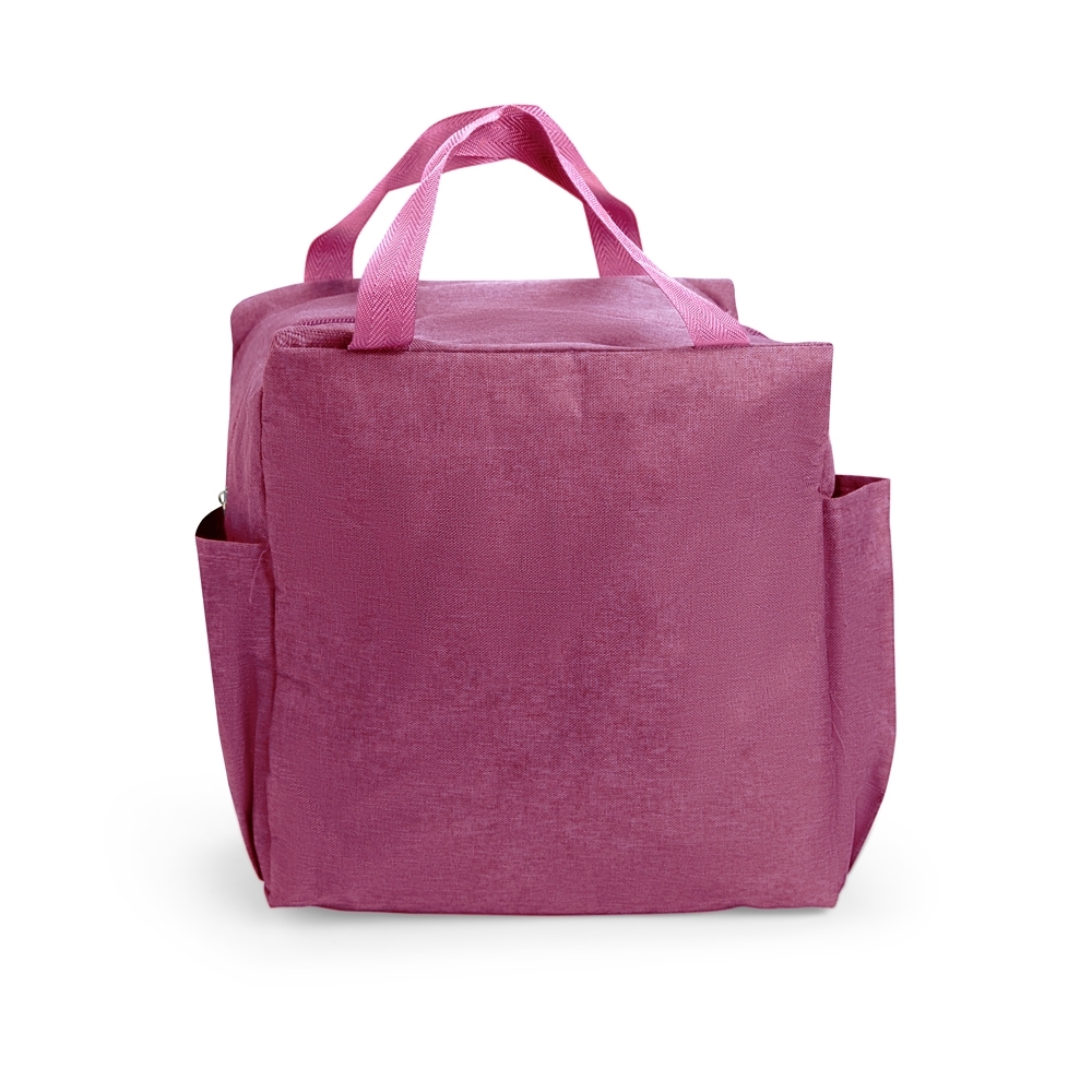 Bolsa térmica 12 litros de tecido oxford impermeável personalizada com a logo da empresa, na cor rosa