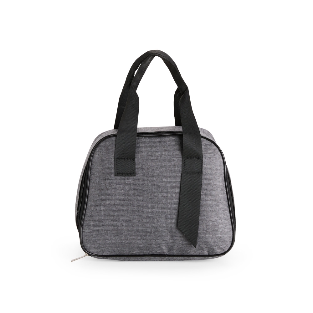 Bolsa térmica 7 litros de tecido oxford impermeável com bolso interno personalizada com a logo da empresa, na cor cinza