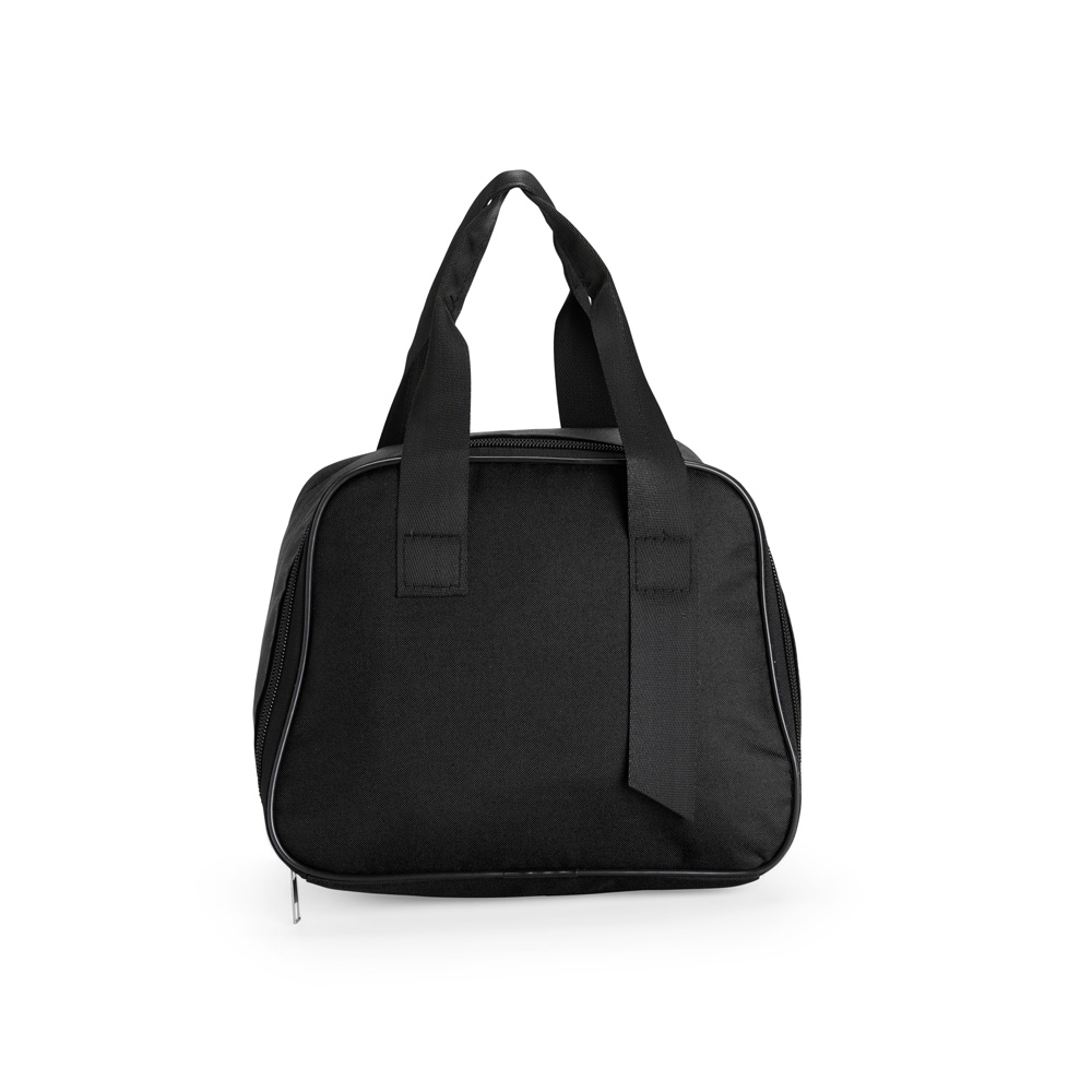 Bolsa térmica 7 litros de tecido oxford impermeável com bolso interno na cor Preto, personalizada com a logo da empresa