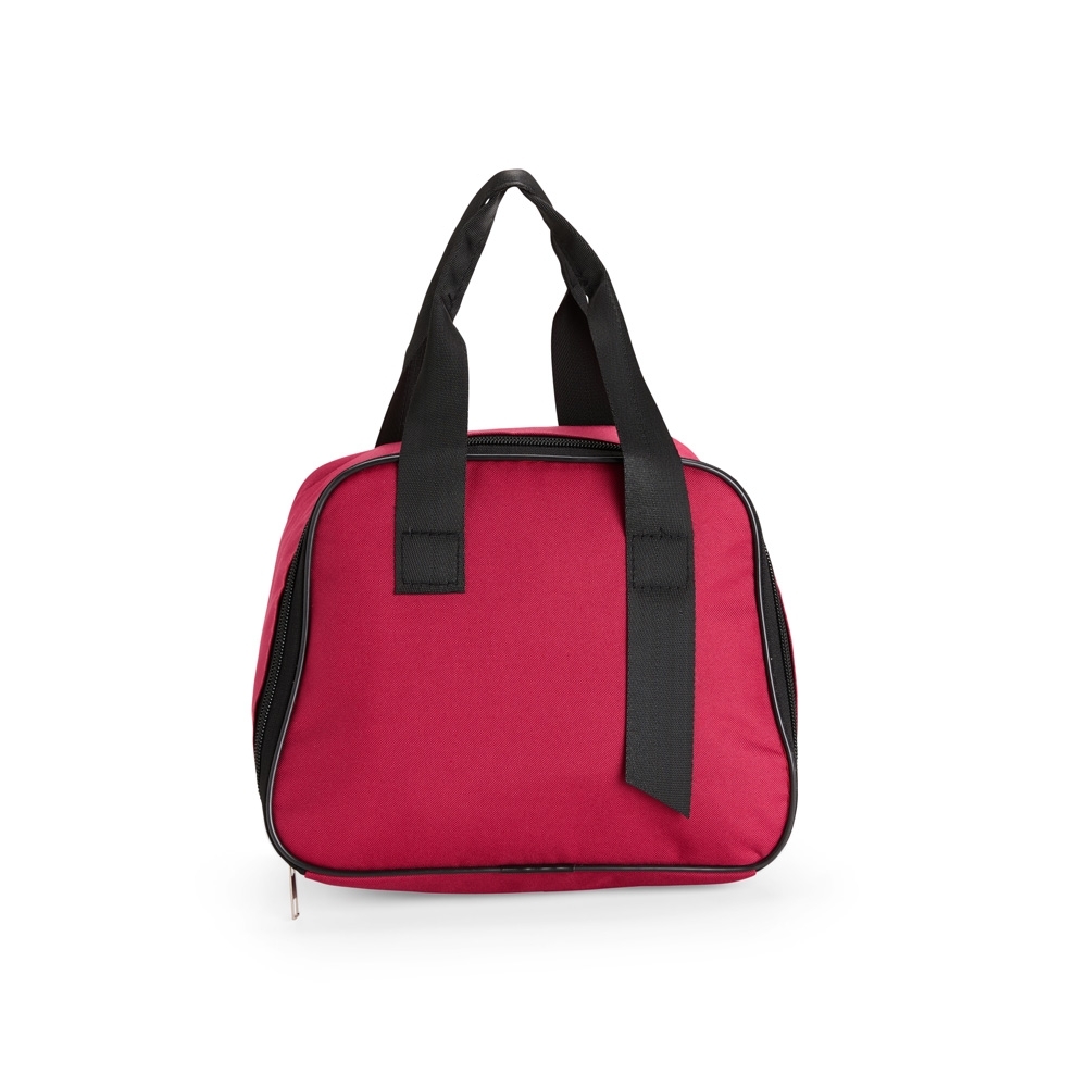Bolsa térmica 7 litros de tecido oxford impermeável com bolso interno personalizada com a logo da empresa, na cor vermelho