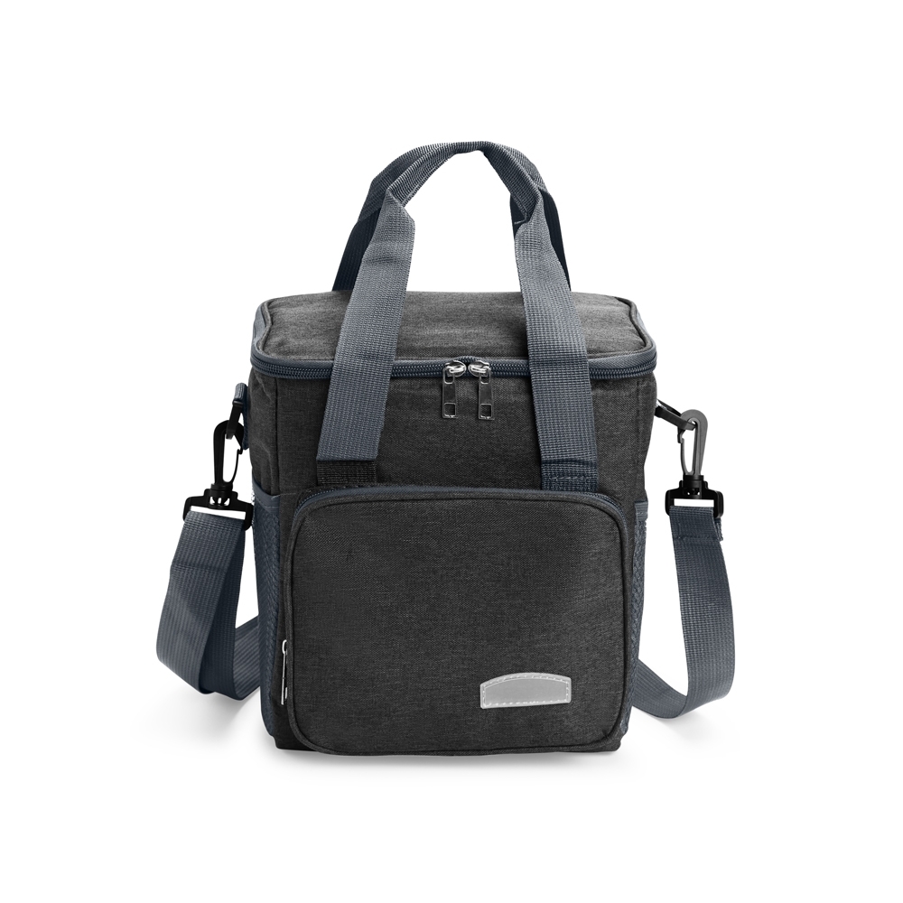 Bolsa térmica 7 litros de tecido oxford impermeável personalizada com a logo da empresa, na cor cinza