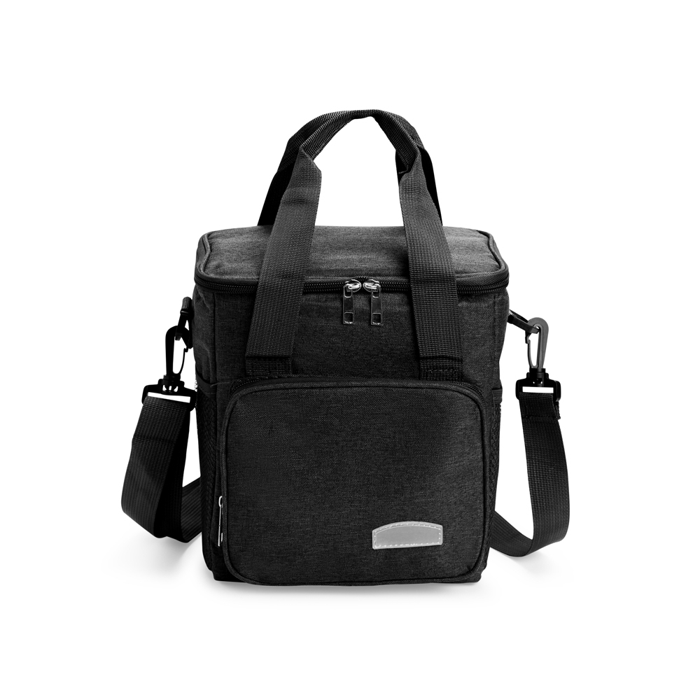 Bolsa térmica 7 litros de tecido oxford impermeável na cor Preto, personalizada com a logo da empresa