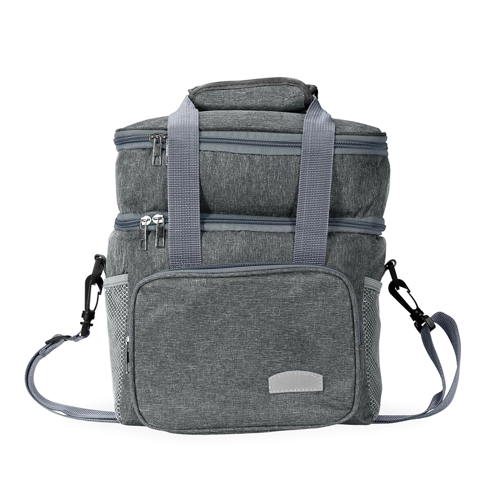 Bolsa térmica 10 litros de tecido oxford impermeável personalizada com a logo da empresa, na cor cinza