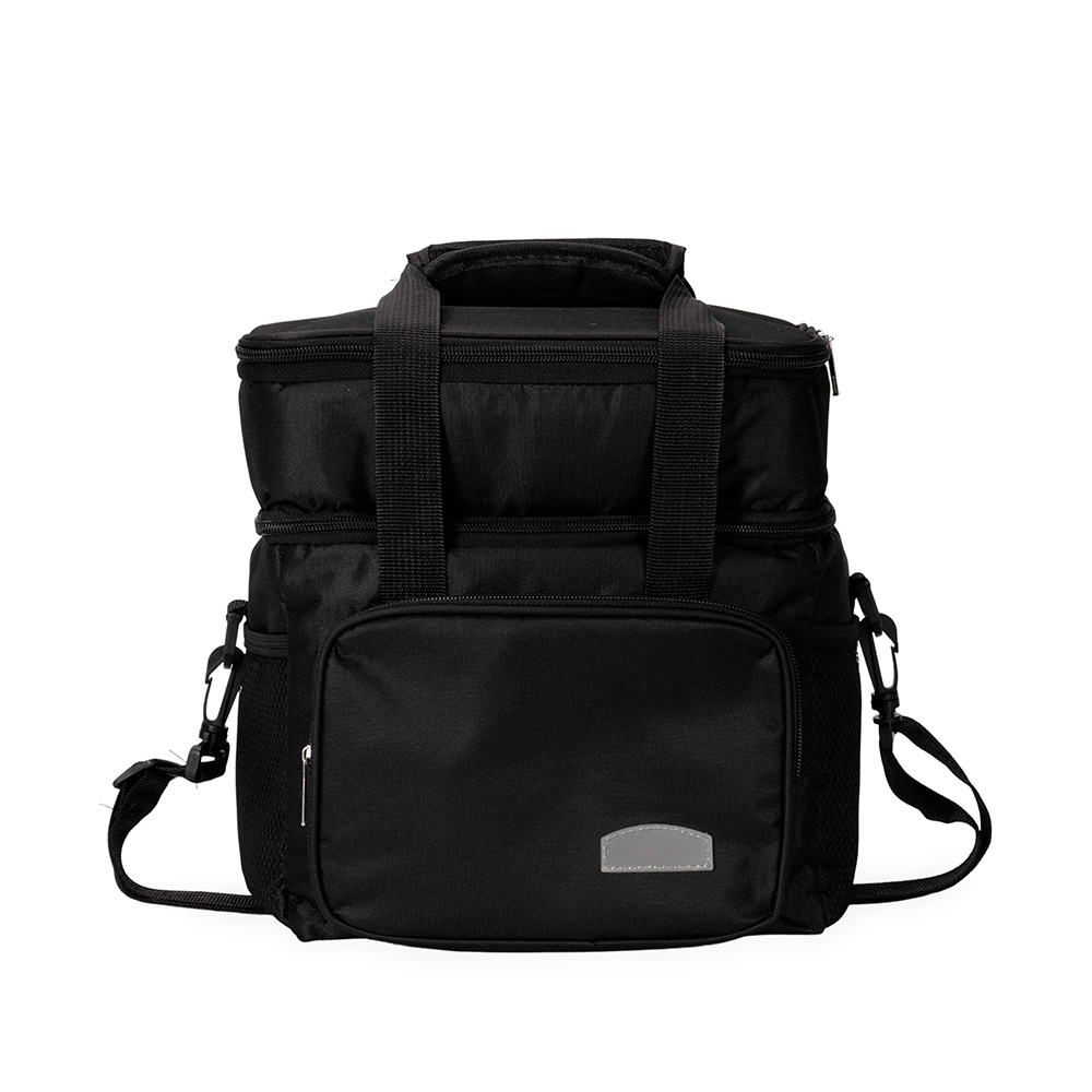 Bolsa térmica 10 litros de tecido oxford impermeável na cor Preto, personalizada com a logo da empresa