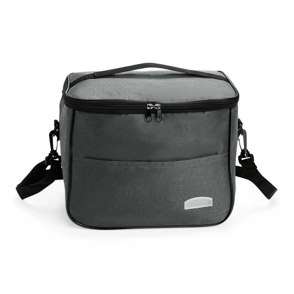 Bolsa térmica 13 litros de tecido oxford com bolso frontal personalizada com a logo da empresa, na cor cinza
