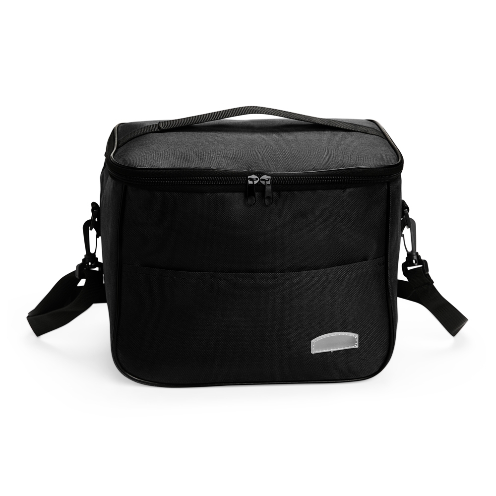 Bolsa térmica 13 litros de tecido oxford com bolso frontal na cor Preto, personalizada com a logo da empresa