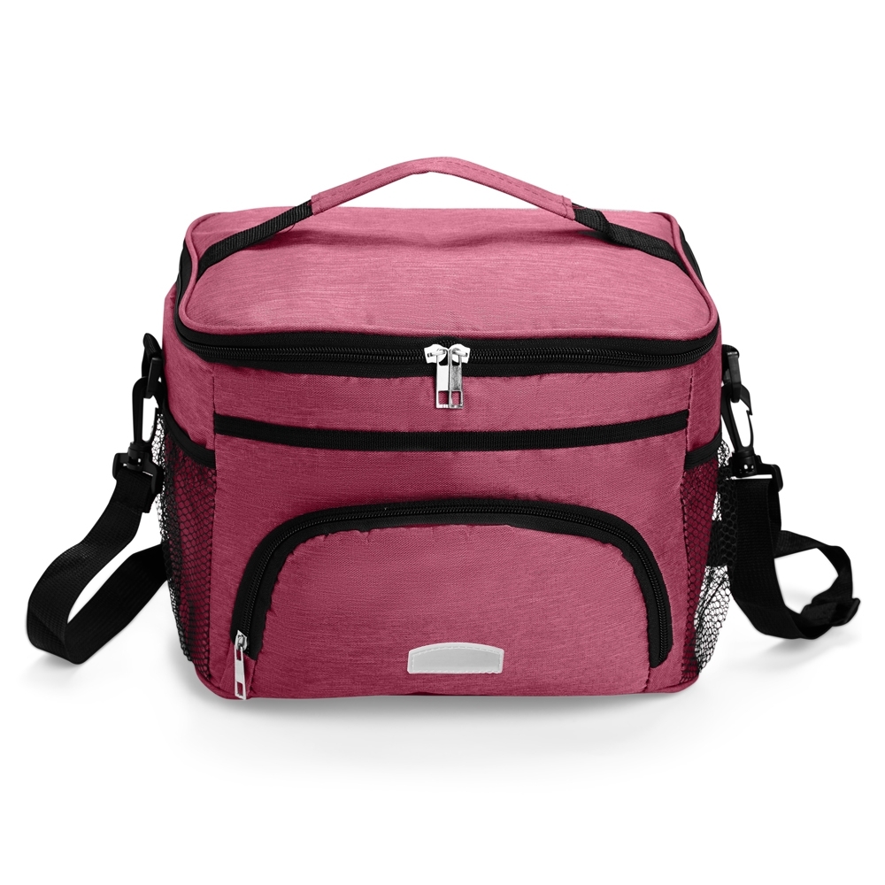 Bolsa térmica poliéster 10 litros impermeável com bolso frontal personalizada com a logo da empresa, na cor rosa