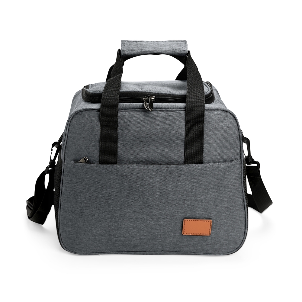 Bolsa térmica 20 litros de tecido oxford personalizada com a logo da empresa, na cor cinza