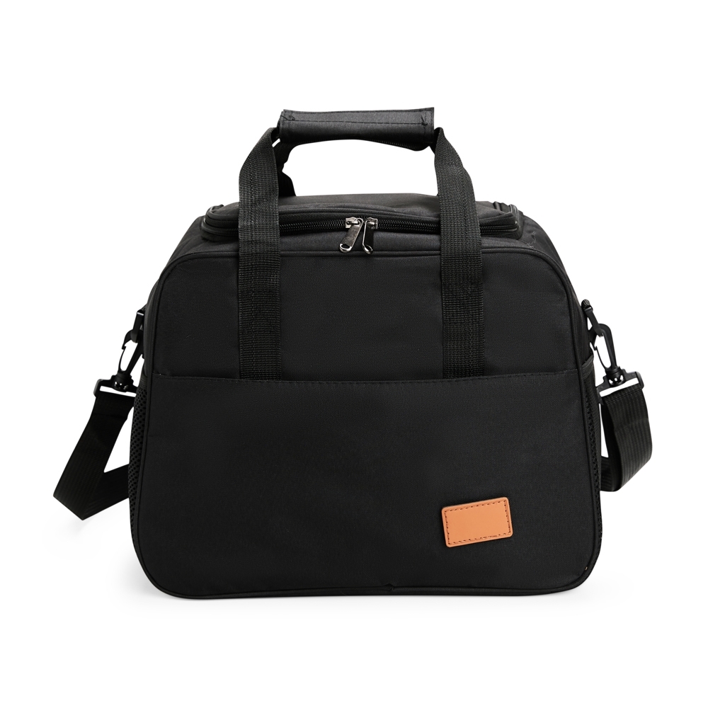 Bolsa térmica 20 litros de tecido oxford na cor Preto, personalizada com a logo da empresa