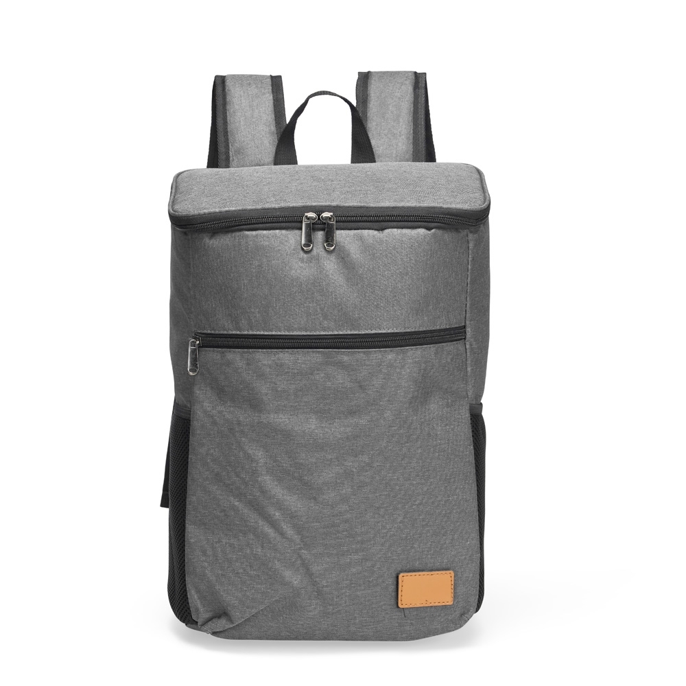 Mochila térmica 18 litros de poliéster com bolso frontal na cor Cinza, personalizada com a logo da empresa