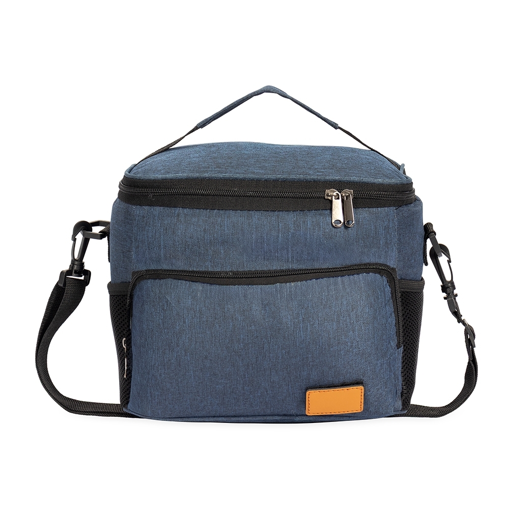 Bolsa térmica 11 litros de tecido oxford impermeável personalizada com a logo da empresa, na cor azul escuro