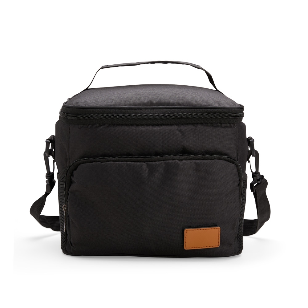 Bolsa térmica 11 litros de tecido oxford impermeável na cor Preto, personalizada com a logo da empresa