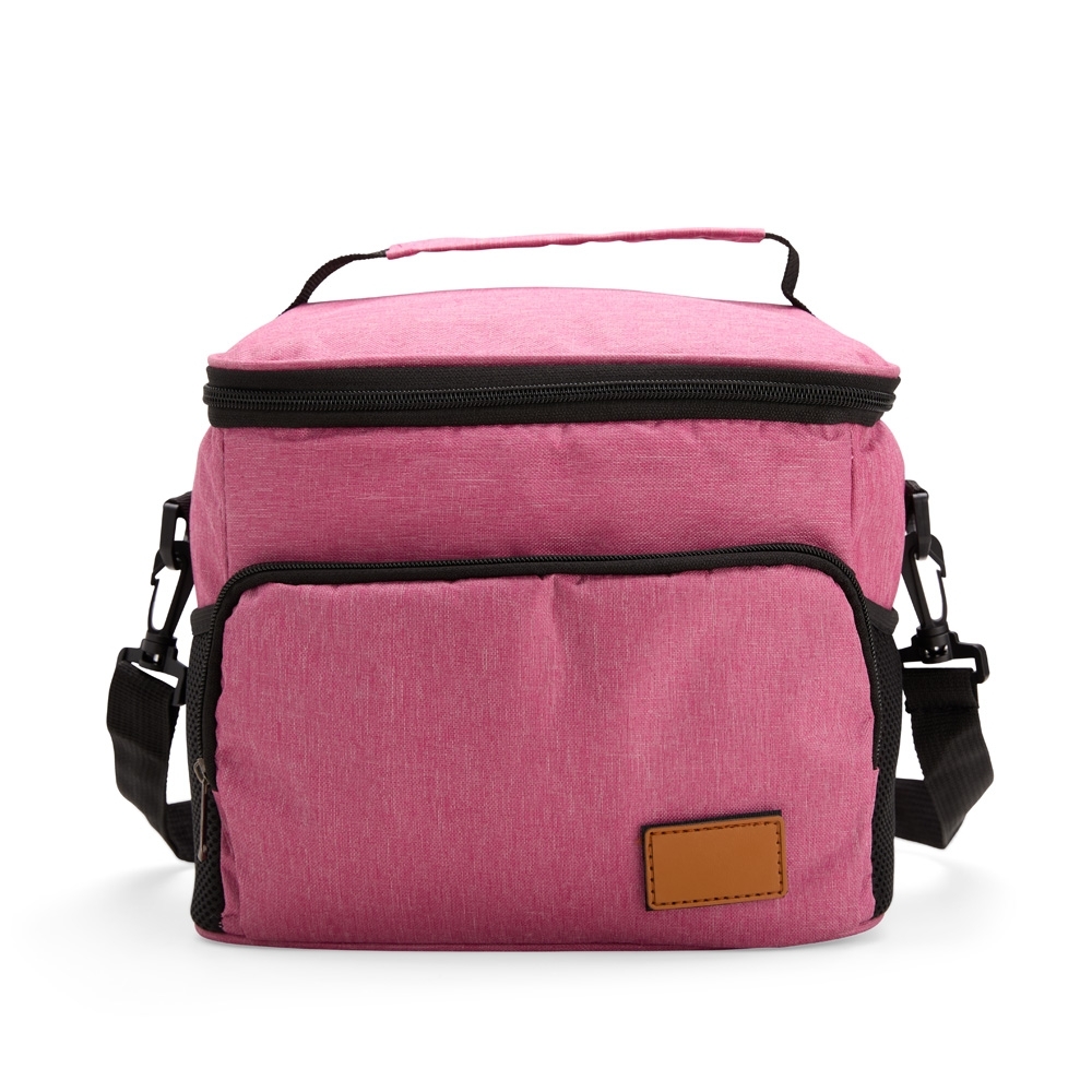 Bolsa térmica 11 litros de tecido oxford impermeável personalizada com a logo da empresa, na cor rosa