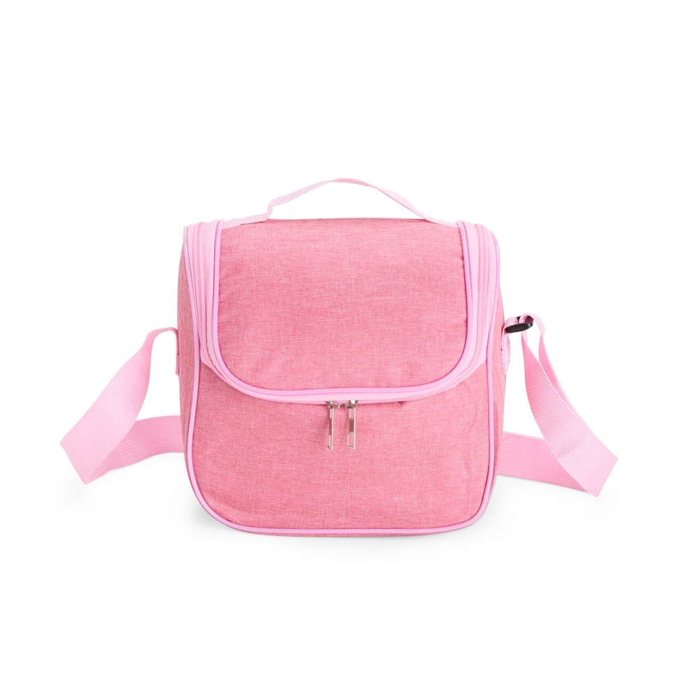 Bolsa térmica 6 litros com alça transversal personalizada com a logo da empresa, na cor rosa