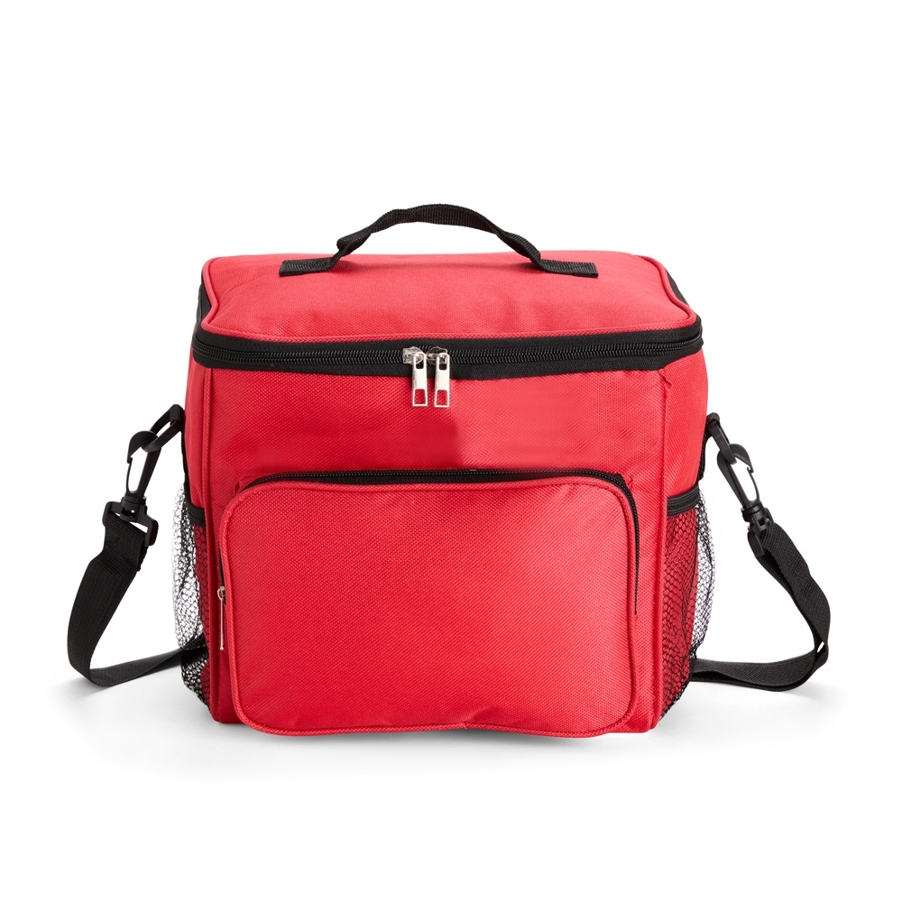 Bolsa térmica oxford 11 litros impermeável personalizada com a logo da empresa, na cor vermelho