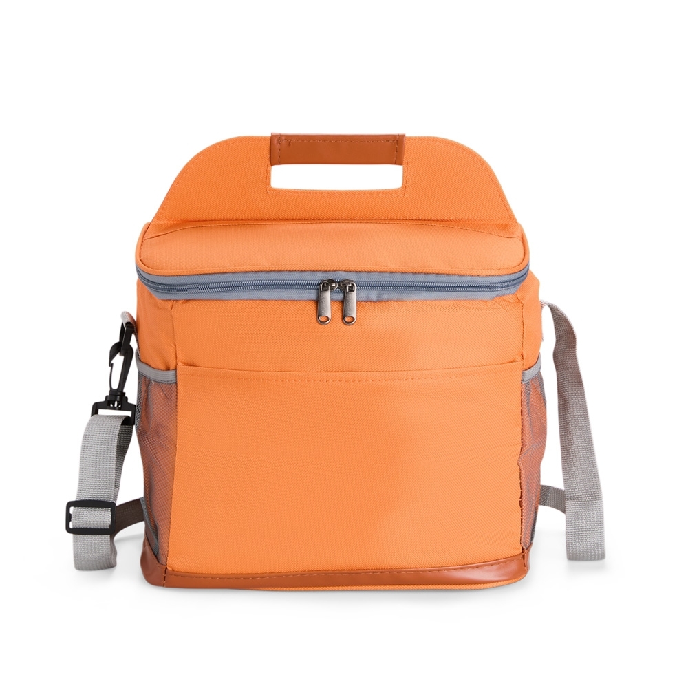 Bolsa térmica 11 litros de tecido oxford impermeável com bolso frontal personalizada com a logo da empresa, na cor laranja