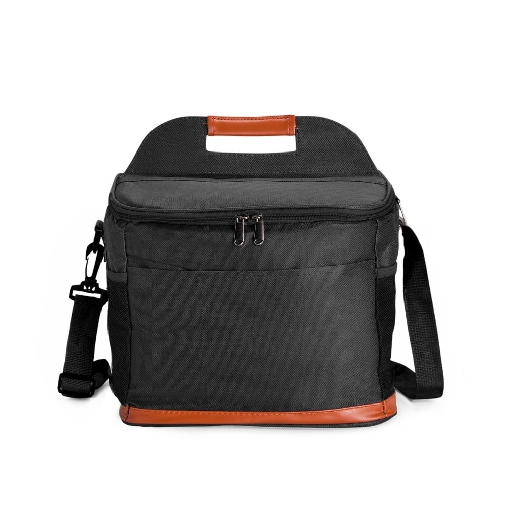 Bolsa térmica 11 litros de tecido oxford impermeável com bolso frontal na cor Preto, personalizada com a logo da empresa