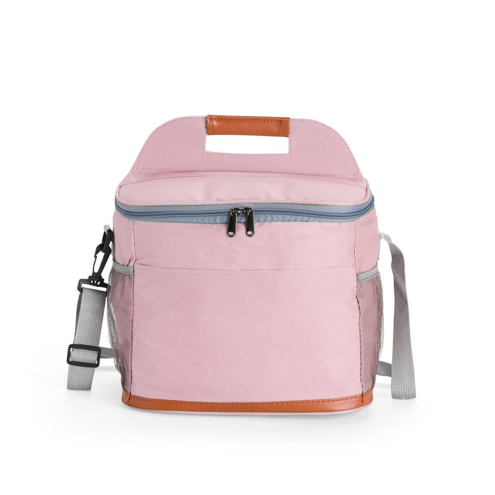 Bolsa térmica 11 litros de tecido oxford impermeável com bolso frontal personalizada com a logo da empresa, na cor rosa