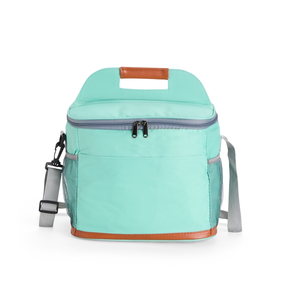 Bolsa térmica 11 litros de tecido oxford impermeável com bolso frontal personalizada com a logo da empresa, na cor verde
