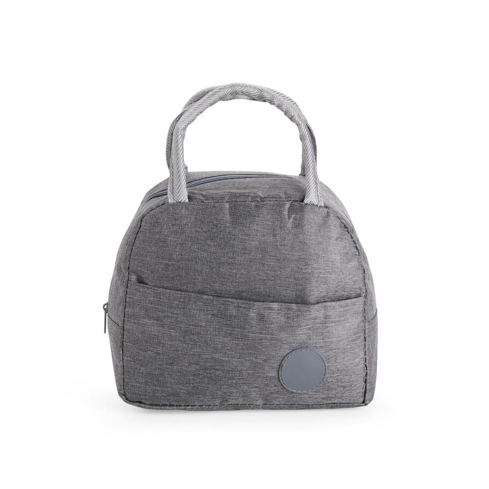 Bolsa térmica 5 litros de poliéster impermeável com bolso frontal personalizada com a logo da empresa, na cor cinza
