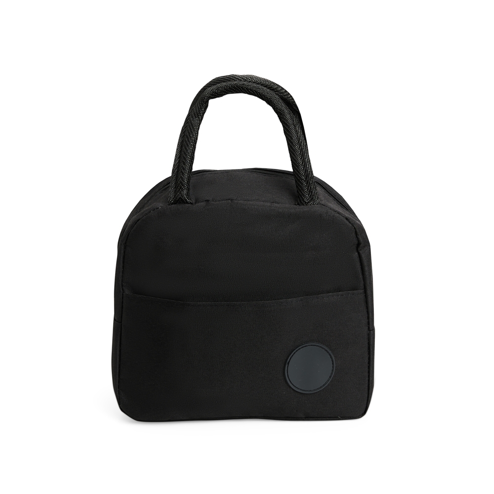 Bolsa térmica 5 litros de poliéster impermeável com bolso frontal na cor Preto, personalizada com a logo da empresa