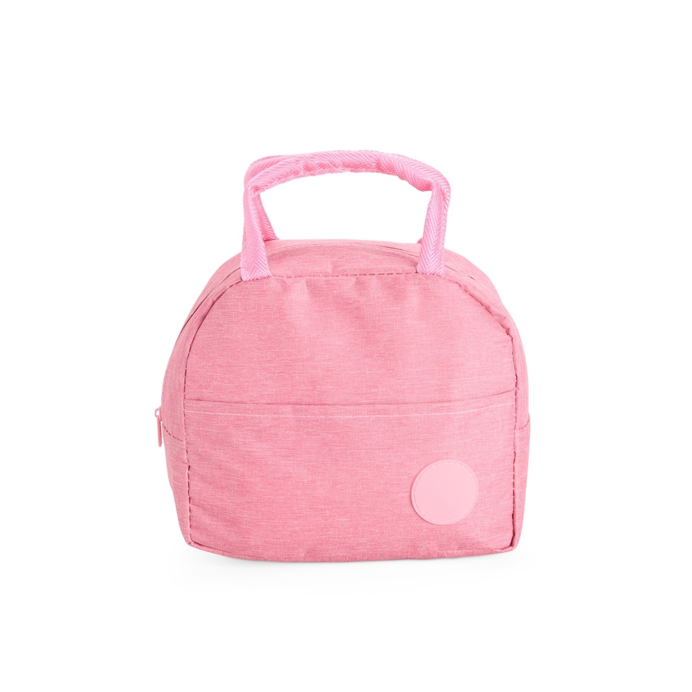 Bolsa térmica 5 litros de poliéster impermeável com bolso frontal personalizada com a logo da empresa, na cor rosa claro