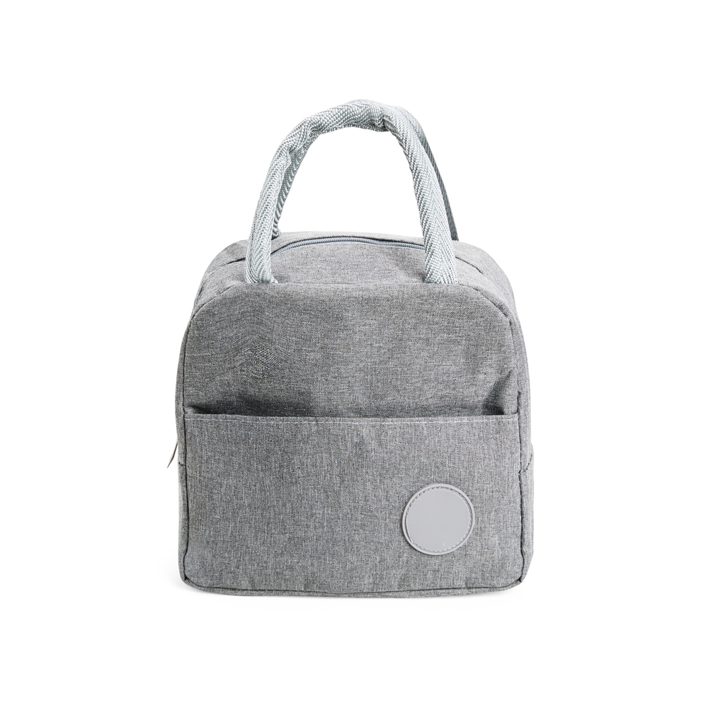 Bolsa térmica 6 litros de poliéster com bolso frontal personalizada com a logo da empresa, na cor cinza