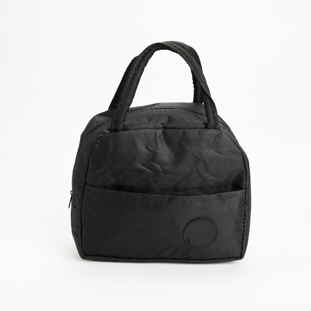 Bolsa térmica 6 litros de poliéster com bolso frontal na cor Preto, personalizada com a logo da empresa