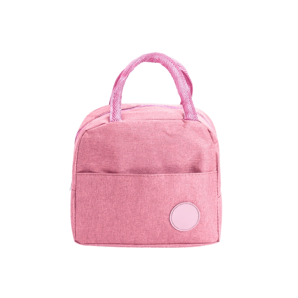 Bolsa térmica 6 litros de poliéster com bolso frontal personalizada com a logo da empresa, na cor rosa claro