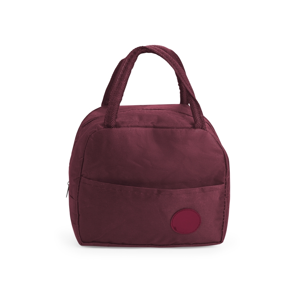 Bolsa térmica 6 litros de poliéster com bolso frontal personalizada com a logo da empresa, na cor vermelho