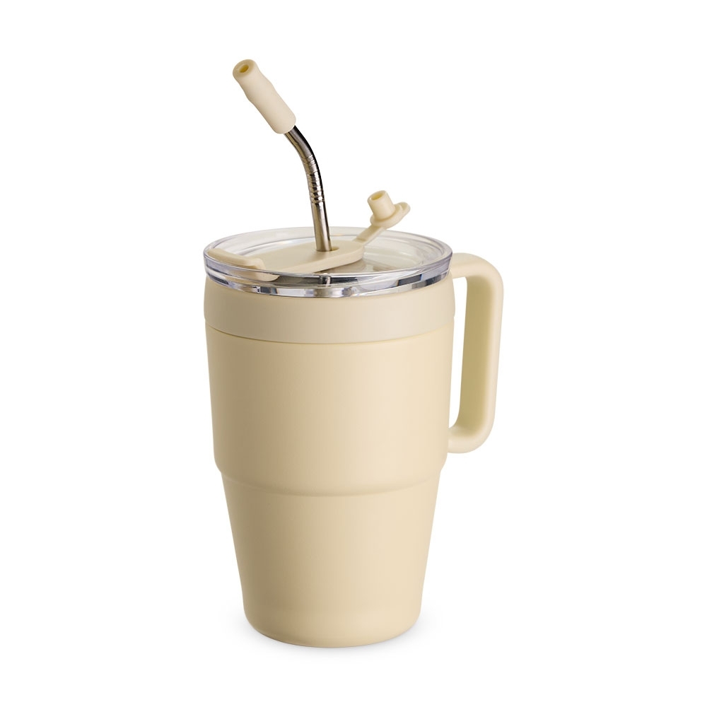 Caneca térmica 600 ml de inox com canudo personalizada com a logo da empresa, na cor creme