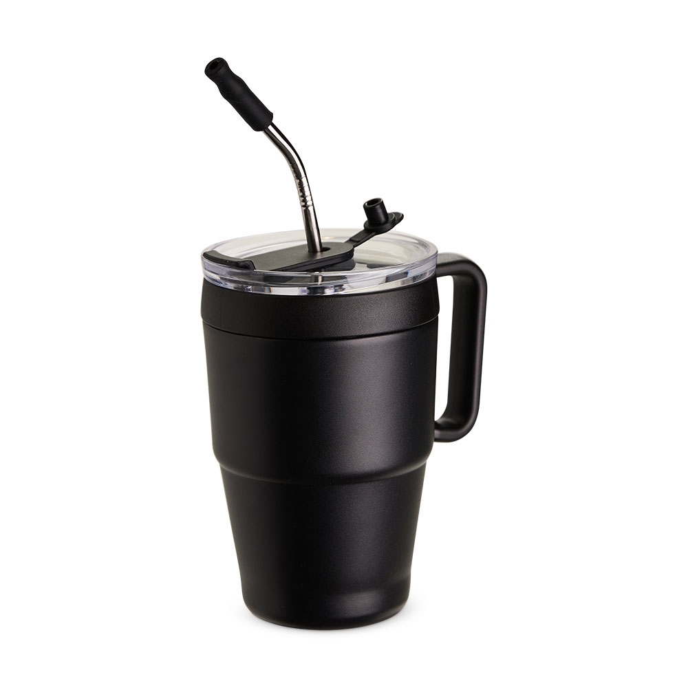 Caneca térmica 600 ml de inox com canudo na cor Preto, personalizada com a logo da empresa