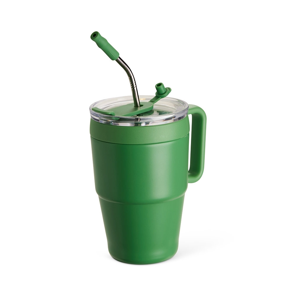 Caneca térmica 600 ml de inox com canudo personalizada com a logo da empresa, na cor verde