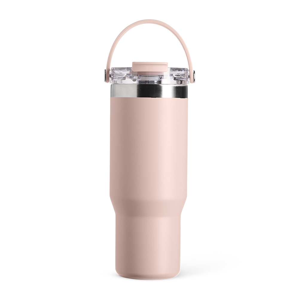 Copo térmico 900 ml de inox personalizado com a logo da empresa, na cor rosa / inox