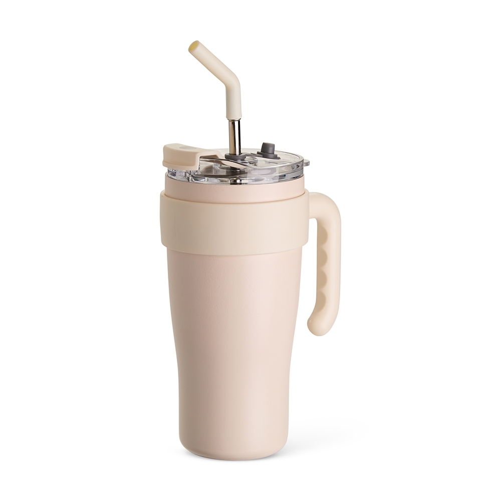 Caneca térmica inox 800 ml com canudo e alça personalizada com a logo da empresa, na cor creme