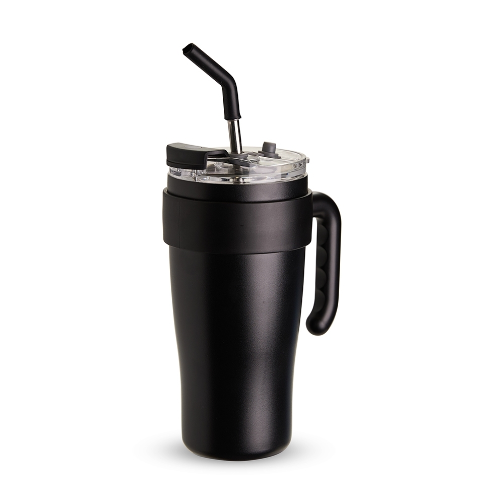 Caneca térmica inox 800 ml com canudo e alça na cor Preto, personalizada com a logo da empresa