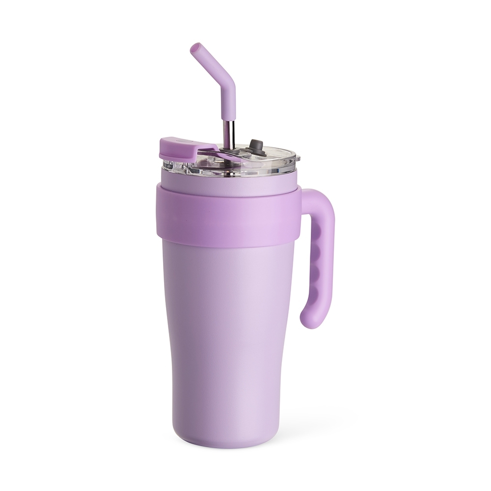 Caneca térmica inox 800 ml com canudo e alça personalizada com a logo da empresa, na cor roxo
