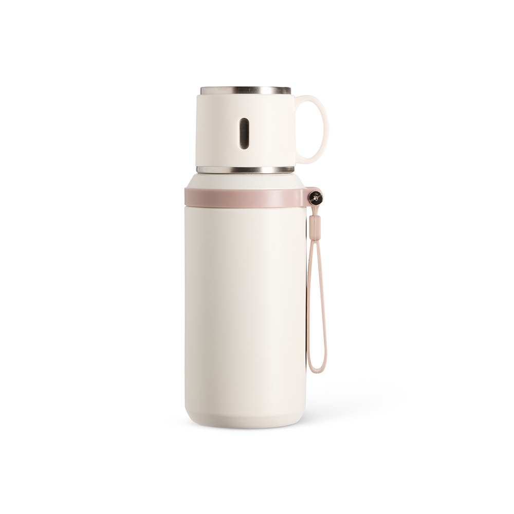 Garrafa térmica 600 ml com infusor e tampa de botão personalizada com a logo da empresa, na cor bege