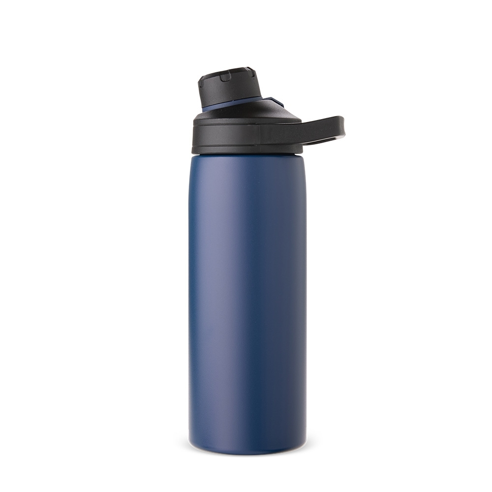 Garrafa térmica 600 ml de inox com protetor de bocal e alça retangular personalizada com a logo da empresa
