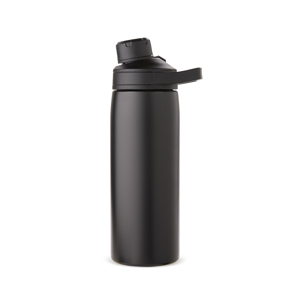 Garrafa térmica 600 ml de inox com protetor de bocal e alça retangular na cor Preto, personalizada com a logo da empresa