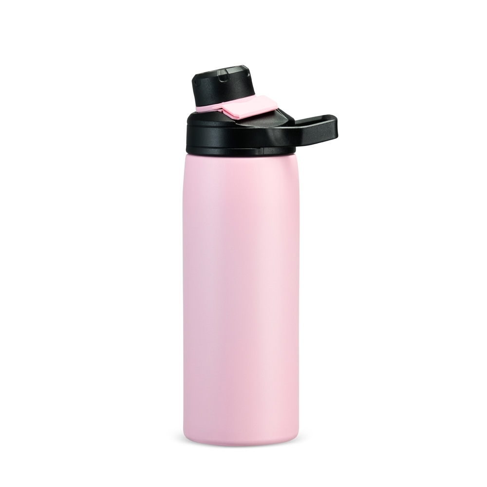 Garrafa térmica 600 ml de inox com protetor de bocal e alça retangular personalizada com a logo da empresa, na cor rosa