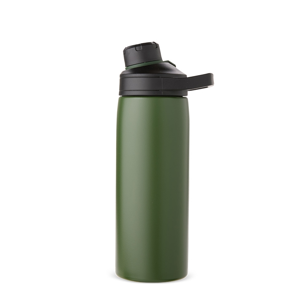 Garrafa térmica 600 ml de inox com protetor de bocal e alça retangular personalizada com a logo da empresa, na cor verde