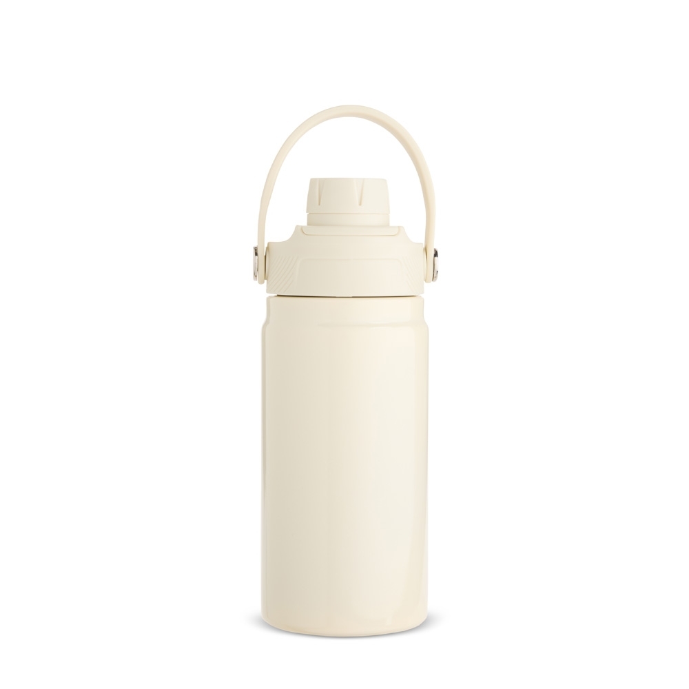 Garrafa térmica 400 ml de inox com alça fixa na tampa personalizada com a logo da empresa, na cor creme