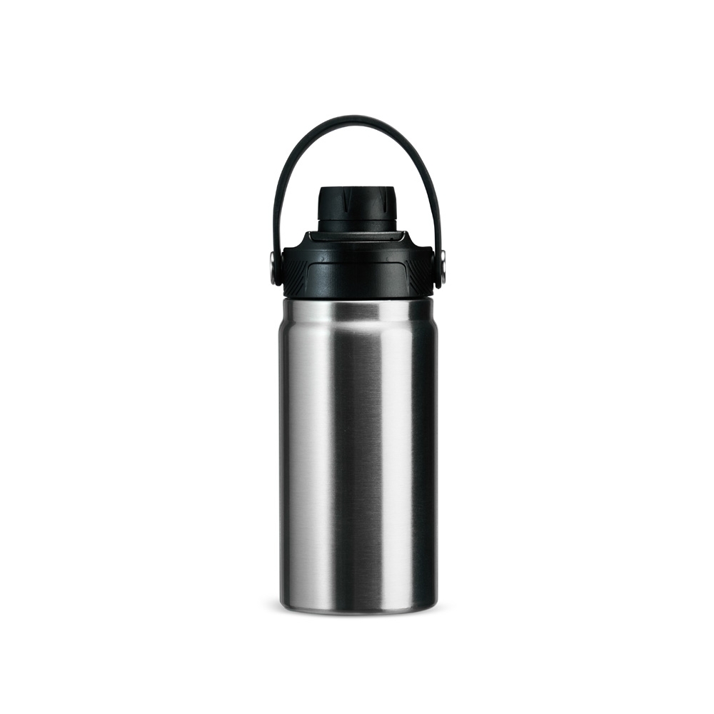 Garrafa térmica 400 ml de inox com alça fixa na tampa personalizada com a logo da empresa, na cor prata / preto